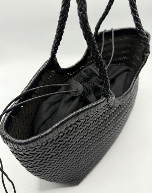 Carmel - Genuine Leather U Shape Handwoven Tote Bag Black